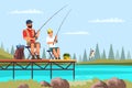 Father and son sitting on pier and fishing with rods. Family travelling, active vacation, hiking, happy fatherhood and Royalty Free Stock Photo