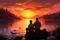 father and son sitting on the shore of a lake at sunset, Family dad and two sons are fishing at sunset, AI Generated Royalty Free Stock Photo