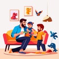 Father and son sitting on sofa and playing with toys at home Happy family spending time together Flat AI Generated Royalty Free Stock Photo