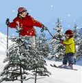 Father and son skiing in the mountains Royalty Free Stock Photo