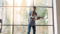 Father and son are smiling while spending time together. Father playing with his son at home. Father`s day concept Royalty Free Stock Photo