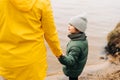 Father and son stand on the shore of the lake and hold hands. Happy family with child kid boy playing and having fun Royalty Free Stock Photo