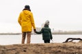 Father and son stand on the shore of the lake and hold hands. Happy family with child kid boy playing and having fun Royalty Free Stock Photo