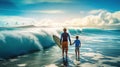 Father and Son Surfing Together Riding Blue Generative AI Royalty Free Stock Photo