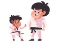 Father and son or teacher and student train teaching karate taekwondo in white uniform flat color isolated background