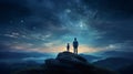 Father and son on top of a hill at dusk, sharing a moment under the night sky filled with stars Royalty Free Stock Photo