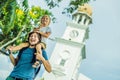 Father and son of tourists in the background of Queen Victoria M Royalty Free Stock Photo