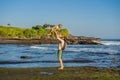 Father and son tourists on the background of Tanah Lot - Temple Royalty Free Stock Photo