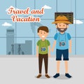 Father and son travelers in the airport characters Royalty Free Stock Photo