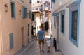 Father and son walk the narrow streets of Greek Nafplion. Family weekend and sightseeing Royalty Free Stock Photo