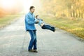 Father and son walk and play in nature Royalty Free Stock Photo