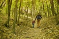 Father and son walking in the autumn forest. Back view Royalty Free Stock Photo