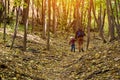 Father with son walking in the autumn forest. Back view Royalty Free Stock Photo