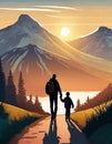 Father and son walking down path in a beautiful landscape