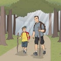 Father and son walking exploring the woods