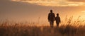 The father and son walking hand in hand during a beautiful sunset. AI generated image Royalty Free Stock Photo