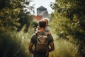 Father and son are walking in the park. A man with a child in his arms. A man with a child travels with a backpack.Full rear view