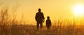 The father and son walking together during a beautiful sunset in a field. AI generated image Royalty Free Stock Photo