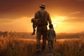 Father and son walking in wheat field at sunset. Concept of friendly family, Agriculture happy father farmer carries son child, AI