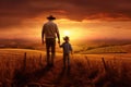 Father and son walking in wheat field at sunset. Concept of happy family, Agriculture happy father farmer carries son child, AI