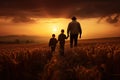 Father and son walking in wheat field at sunset. Happy family concept, rear view of the Father and his children walking in the Royalty Free Stock Photo