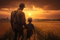 Father and son in wheat field at sunset. Concept of friendly family, Agriculture happy father farmer carries son child, AI