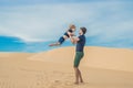 Father and son at the white desert. Traveling with children concept