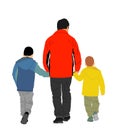 Father and sons hold hands and walking. Dad carrying boys vector illustration. Fathers day. Royalty Free Stock Photo