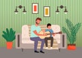 Father spend time with his child and teaches to play guitar. Musicians make music together