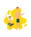 Father spend time with son. Dad and son getting ready to swim in the pool, happy family concept. Fatherhood flat cartoon Royalty Free Stock Photo