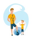 Father spend time with son. Dad and son playing footbol, happy family concept. Fatherhood flat cartoon vector Royalty Free Stock Photo