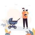 Father spends time with children. Family activities concept. Handsome Daddy with baby stroller and daughter on hand