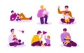 The father spends time with the children. A man plays with his son and daughter. A happy family. Set of isolated vector