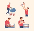 Father spends time with his son. Vector illustration in a flat style. Dad takes care of the baby: he walk with a child