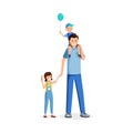 Father standing with kids flat vector illustration. Babysitter, young parent celebrating family holiday with children Royalty Free Stock Photo