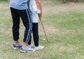 Father support teaching training daughter to play perfect golf