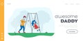 Father Swinging Child on Swing in Park or Playground Landing Page Template. Happy Family Fun, Dad and Daughter Royalty Free Stock Photo