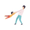 Father Swinging Son Holding His Hands, Happy Family Outdoor Activities Vector Illustration