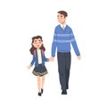 Father Taking his Daughter to the School in the Morning, Parent and Kid Walking Together Holding Hands Cartoon Style