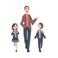 Father Taking his Son and Daughter Wearing Uniform to the School in the Morning. Parent and Kid Walking Together Cartoon