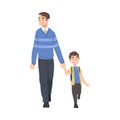 Father Taking his Son to the School in the Morning, Parent and Kid with Backpack Walking Together Holding Hands Cartoon
