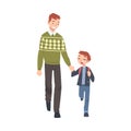 Father Taking his Son to the School in the Morning, Parent and Kid Walking Together Holding Hands Cartoon Style Vector