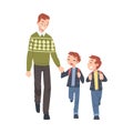 Father Taking his Two Sons to the School in the Morning. Parent and Kids Walking Together Holding Hands Cartoon Style