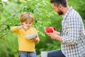 Father teach son eat natural food. Little boy and dad eat. Nutrition kids and adults. Organic nutrition. Healthy