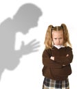 Father or teacher shadow screaming angry reproving young sweet little schoolgirl or daughter