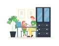 Father teaches child at home or helps with homework, flat vector isolated.