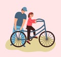 Father teaches daughter to ride a bike. World Bicycle Day. Parents and children cycling.