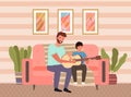 Father teaches his son to play guitar. Happy parent and kid making music together at home