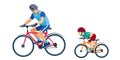 Father teaches son to ride a bike. Kid learns to ride bicycle. Sporty family. Outdoor activity. Son and dad in