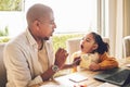 Father, teaching and girl to read for homework in home with laptop for language or knowledge. Kid, learning and english Royalty Free Stock Photo